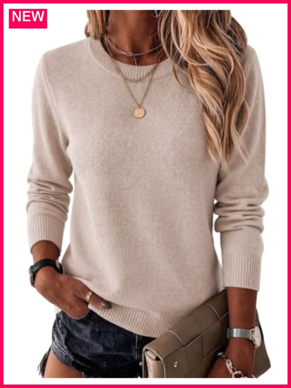 Wool Blend Crewneck Long Sleeve Pullover Sweater Womens Soft Knit Top